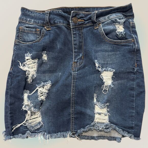 Wax Jeans Womens Denim Frayed Hem Destruction Distressed Blue Medium Short Skirt - Picture 8 of 9